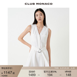 clubmonaco女装气质无袖v领系腰带a字，修身时尚连衣裙