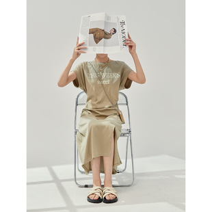 周里物美式复古连衣裙2023夏季女开叉，气质字母印花裙子宽松休闲