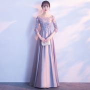 紫色晚礼服长款高级感优雅高贵长袖修身唱演出服主持质法式