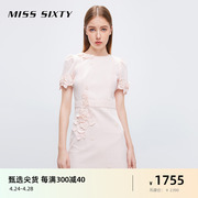 misssixty夏季牛仔浅粉色连衣裙，女圆领浪漫重工，钉珠花朵短袖短裙