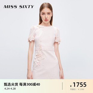 misssixty夏季牛仔浅粉色，连衣裙女圆领浪漫重工，钉珠花朵短袖短裙