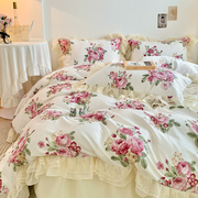 AA版韩式全棉田园玫瑰花卉蕾丝被套四件套纯棉公主风雪纺床裙床品