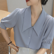 夏季蓝色衬衫女泡泡袖职业通勤法式休闲宽松气质尖领短袖上衣