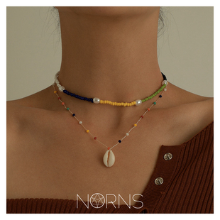norns波西米亚部落民族简约彩珠，贝壳吊坠短项链潮流米珠珍珠项饰