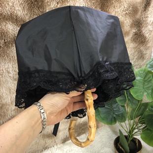 日系竹手柄蕾丝花边小黑伞黑胶遮阳伞，超强防晒晴雨两用折叠伞