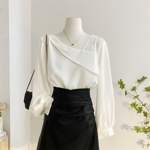 法式白色v领衬衫女秋设计感小众简约纯色，气质套头长袖雪纺衫上衣