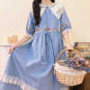 复古蓝色尖尖领蕾丝花边大翻领，短袖连衣裙日系可爱兔子花朵刺绣裙