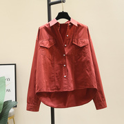 设计感小众酒红色衬衫，女2024秋装韩版宽松衬衣别致上衣短外套