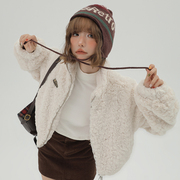 Girlyhalo美式獭兔毛皮草外套女冬季短款加厚保暖毛绒棉服上衣