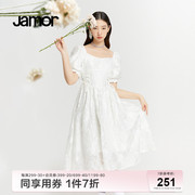 Jamor白色方领连衣裙女夏季泡泡袖甜美公主法式仙女裙子加末