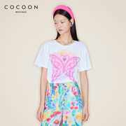 COCOON商场同款T恤24夏新女玫瑰花的蝴蝶图案手工钉钻爱心T恤