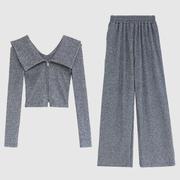 韩国灰色运动休闲套装女洋气减龄百搭娃娃领长袖卫衣阔腿裤两件套