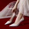 婚鞋女法式米白色高跟鞋，2023秋冬气质尖头，浅口中跟细跟单鞋女