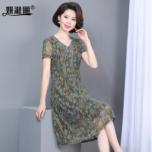 妈妈夏装连衣裙高贵洋气质，中老年人女装台湾纱品牌时尚绿裙子