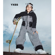 yxss儿童滑雪服套装单板，黑白条纹防水保暖滑雪裤男女童雪地防雪裤