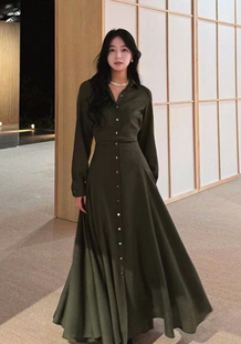 名媛贵妇高贵穿是优雅气质，品味橄榄绿羊毛复古大裙摆连衣裙