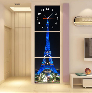 微框画挂钟艺术挂钟客厅，钟表创意玄关楼梯三联装饰画埃菲尔铁塔