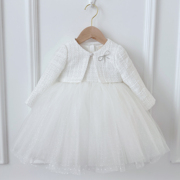 周岁女宝礼服白色小香风两件套秋冬女童长袖公主裙花童蓬蓬裙生日