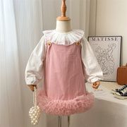 女童背带裙套装时髦洋气小女孩，春秋宝宝粉色，连衣裙公主裙套裙