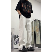 LEFT7 美式高街白色牛仔裤男潮牌痞帅窄版直筒设计感拉链休闲裤子