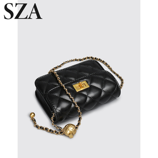 SZA小金球菱格链条包女小包包2022百搭单肩斜挎包黑色小方包