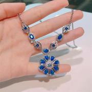 仿蓝宝石轻奢满钻太阳花项链女 花朵造型时尚豪华设计感珠宝首饰