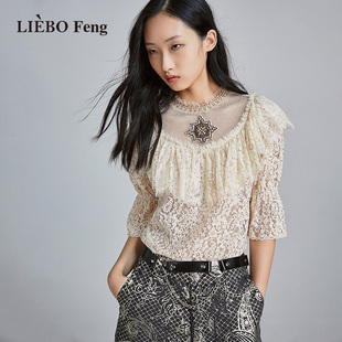 裂帛liebofeng设计师品牌2024年法式珠片绣雪纺蕾丝，衫中袖衬衫女