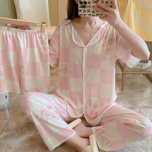 as2023夏季冰丝睡衣女套装，吊带性感可爱薄款家居三件套