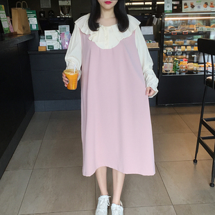 2025春季韩版大码女装娃娃领拼接中长款雪纺裙假两件长袖连衣裙