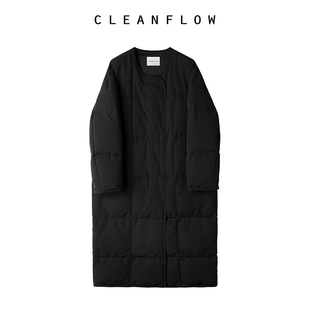 cleanflow黑色95白鹅绒(白鹅绒)圆领双排扣围巾羽绒服，大衣长款过膝外套