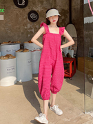 粉色背带裤女夏季韩版宽松设计感八分吊带格子束脚连体裤2023