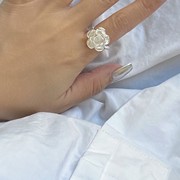 山茶花戒指纯银s925女小众，独特设计食指戒可调节开口花朵指环尾戒