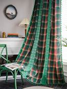 窗帘绿色格子美式复古棉麻窗帘成品厨房帘飘窗短帘半帘半遮光挂钩