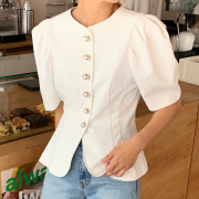 韩国chic夏季法式简约圆领珍珠纽扣收腰显瘦纯色泡泡袖衬衫上衣女