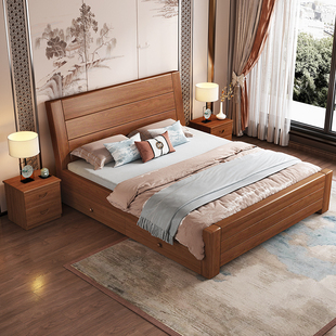 新中式实木床1.8米床现代简约双人床主，卧室1.5米单人床家用加厚床