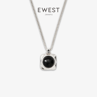 ewest艺未毛衣链黑色玛瑙方形吊坠，女高级感锁骨链简约小众银项链