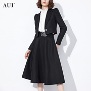 aui黑色御姐气质西装套装女2024秋季长袖，短外套半身裙两件套