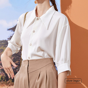 白色复古尖领缎面衬衫女短袖设计感小众上衣2023夏装气质职业衬衣