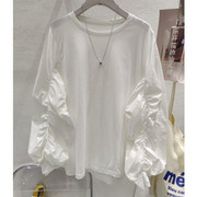 2024春季衬衣女白色长袖t恤弹性抽褶宽松袖韩版设计感打底衫上衣