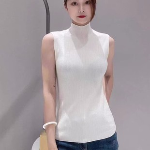 欧阿玛施女装2023秋冬修身烟管领羊毛针织衫无袖羊绒打底毛衣背心