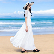 2023夏季白色雪纺蕾丝五分袖大摆连衣裙波西米亚沙滩长裙及踝