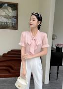 24夏季韩版时尚，v领设计感蝴蝶结女士，衬衣短袖上衣