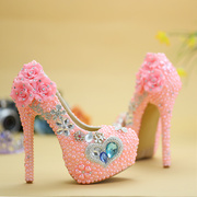 粉色珍珠高跟鞋公主水晶鞋，成人礼演出宴会影楼，拍婚纱照结婚新娘鞋