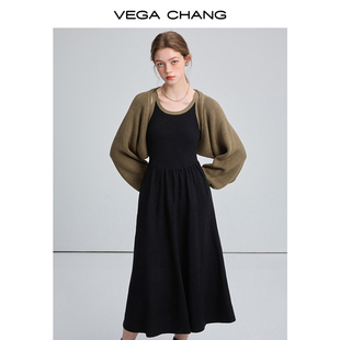 vegachang休闲时尚套装，女2024春秋款显瘦吊带裙，+针织坎肩两件套