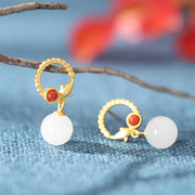 国风馆海豚耳钉设计银镶嵌南红玛瑙宝石和田玉复古女环形耳环耳坠