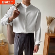 新中式立领衬衫男长袖白色免烫垂感纯色衬衣伴郎上衣2023年商务