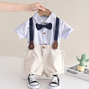 小童夏季男童蓝条纹短袖衬衫领结，背带绅士套装，儿童宝宝小西装正装
