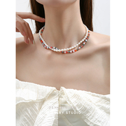 彩色串珠淡水珍珠项链女夏叠戴多层高级感时尚短款甜美气质锁骨链