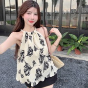 水墨画法式碎花雪纺吊带背心女夏外穿纯欲甜辣妹挂脖抹胸衬衫上衣