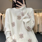 冬去春又来2022年冬季韩版撞色雪花，长袖羊毛衫女宽松套头毛衣